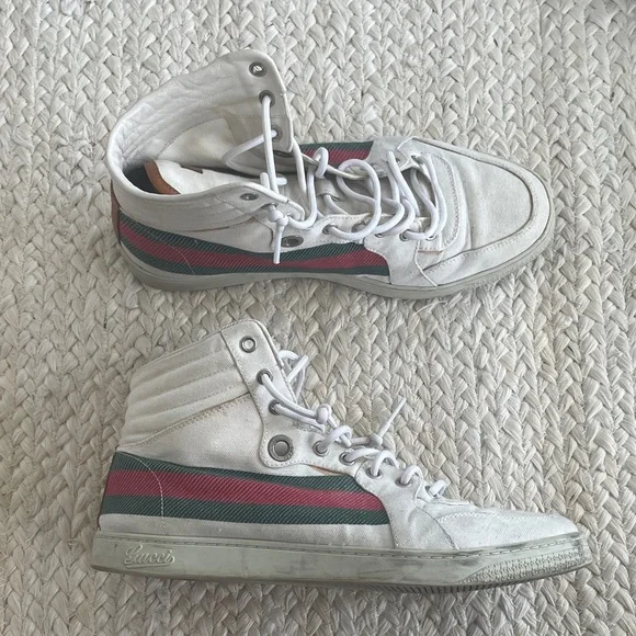 Gucci White High-Top Sneakers with Green and Red Stripe Sz:42 - Picture 1 of 4